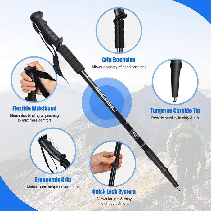 2PCS Anti Shock Trekking Hiking Pole Adjustable Telescoping Walking Stick for Mountaineering, 135 cm Aluminium Grade with Shock Absorber With an ONOFF Feature Lightweight Hiking Poles -Black-4.webp