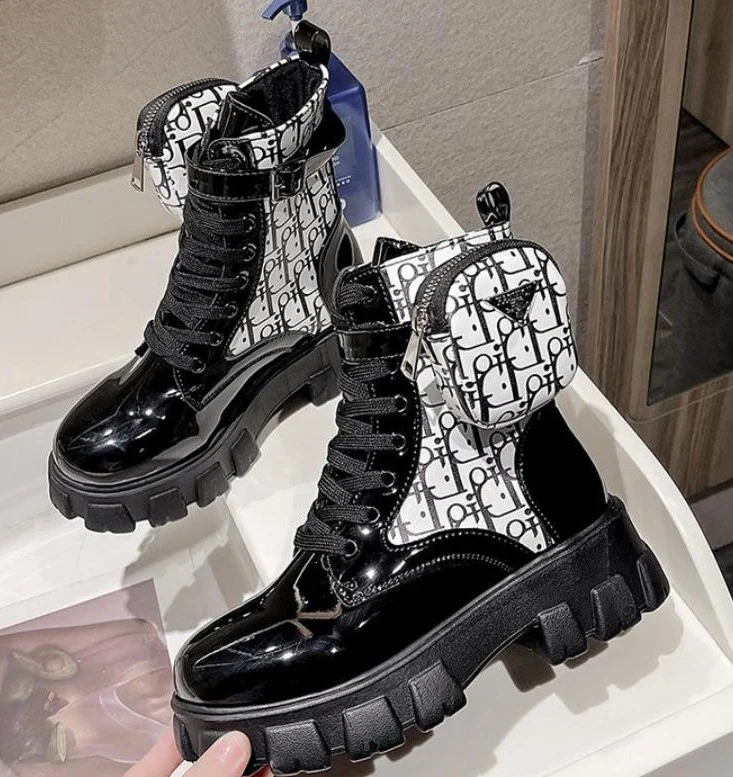 Dior Punk Motorcycle Martin Boots Women Chunky Heel Belt Buckle Pocket Shoes