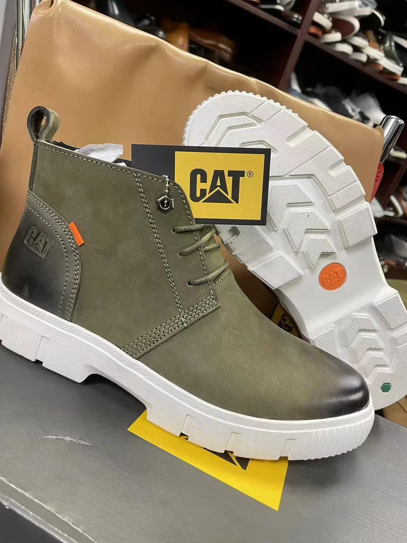Green Premium Leather Caterpillar  Boots Rubber Grips Sole Men's Shoes