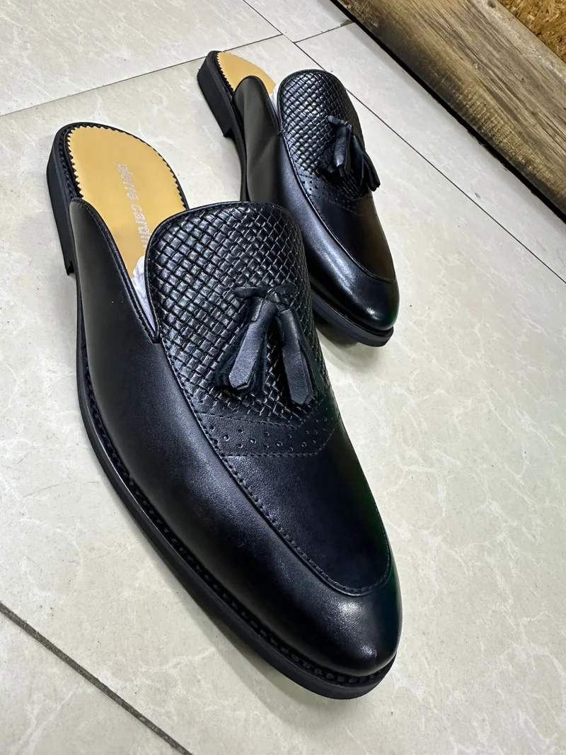 Men Quality Leather Black Official Men's  Backless Mules