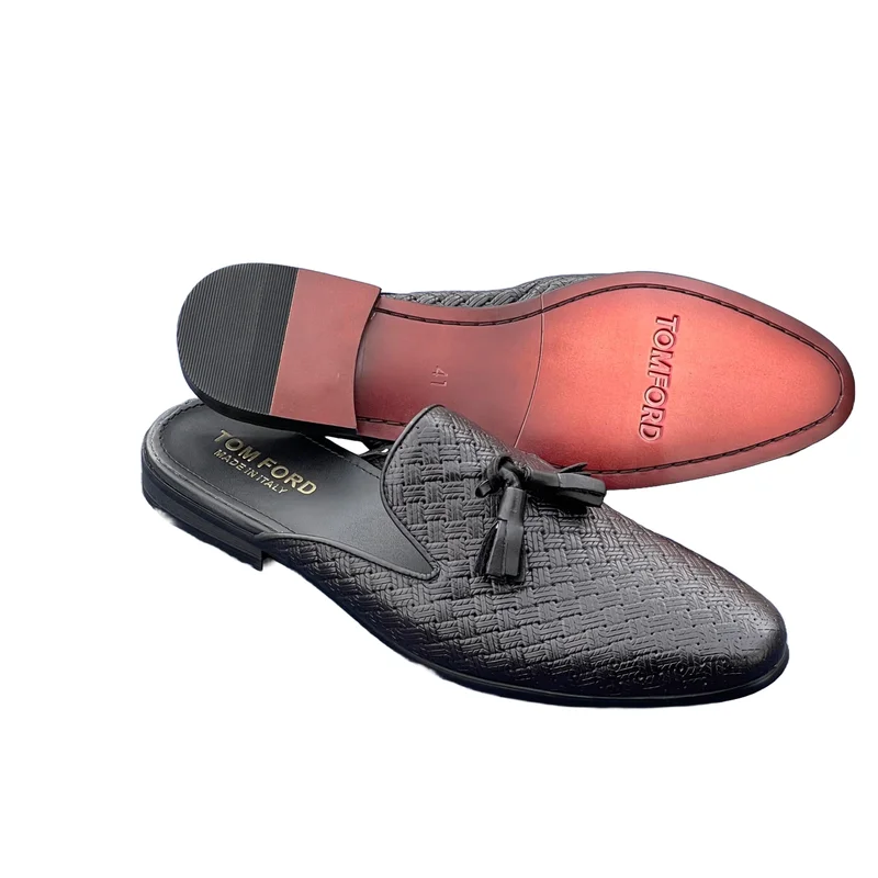 Men's Breathable Men TomFord Leather Dress Shoes Slip-on Mules-Black