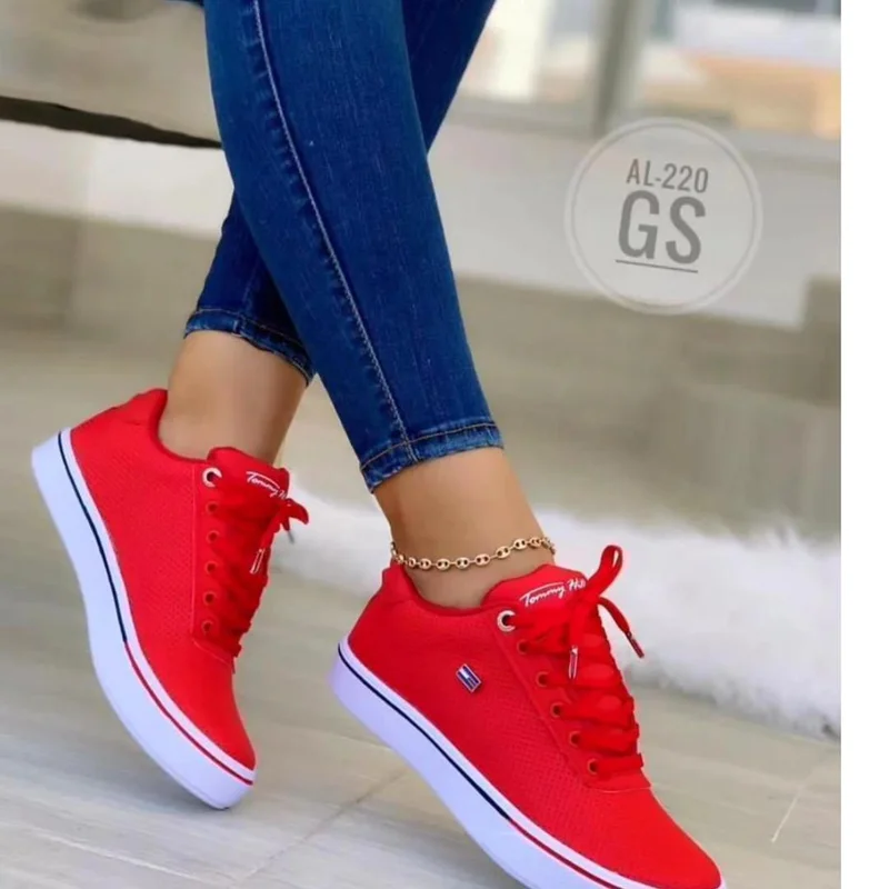 Tommy Hilfiger Mesh Ladies Sneakers Women's Laced Red Shoes