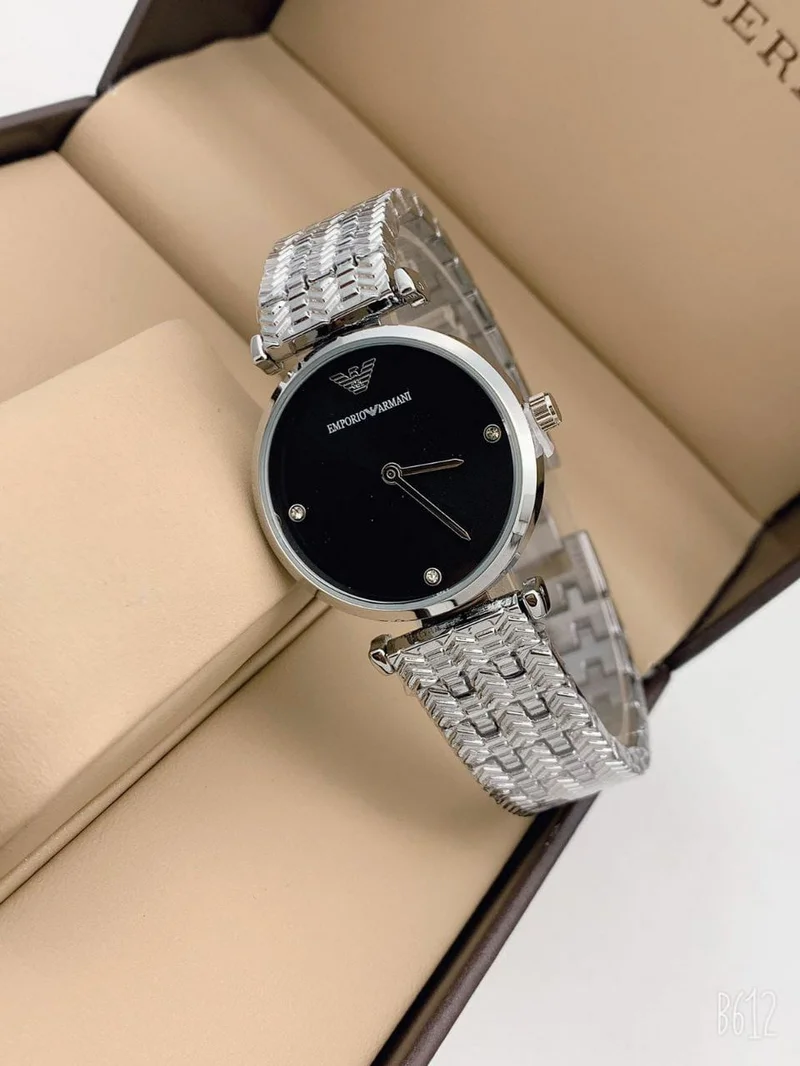 Women's Emporio Armani Watch | Silver | Black Dial | Diamonds |Luxury Timepiece