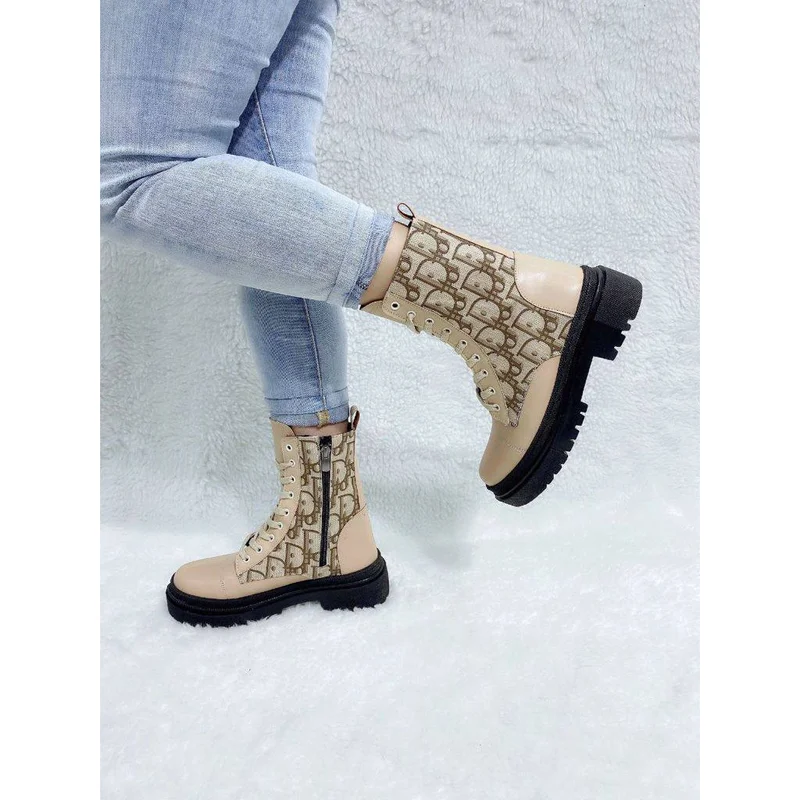 Brown Dior Punk Motorcycle Martin Boots Women Chunky Shoes