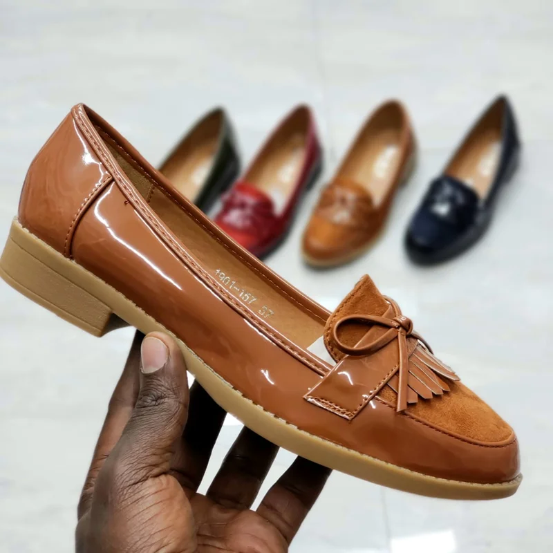 Brown Wet Look Fashion Kiltie Leather Ladies Official Loafer Shoes