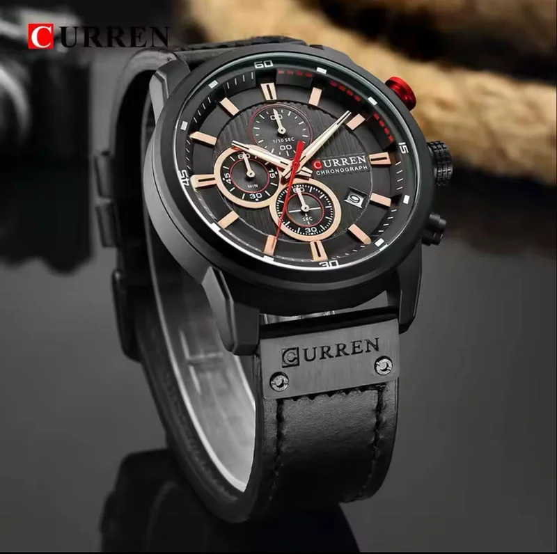 Curren Gents Watch Chronograph Function Sleek black Design Luxurious Leather