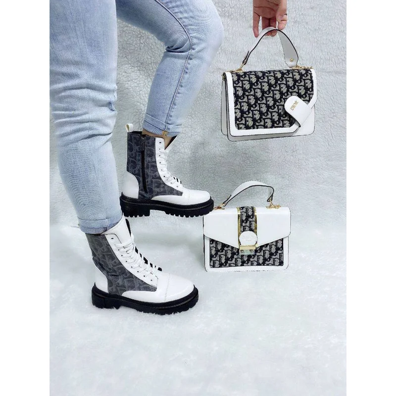 Dior Punk White/Black Motorcycle Martin Boots Women Chunky Shoes