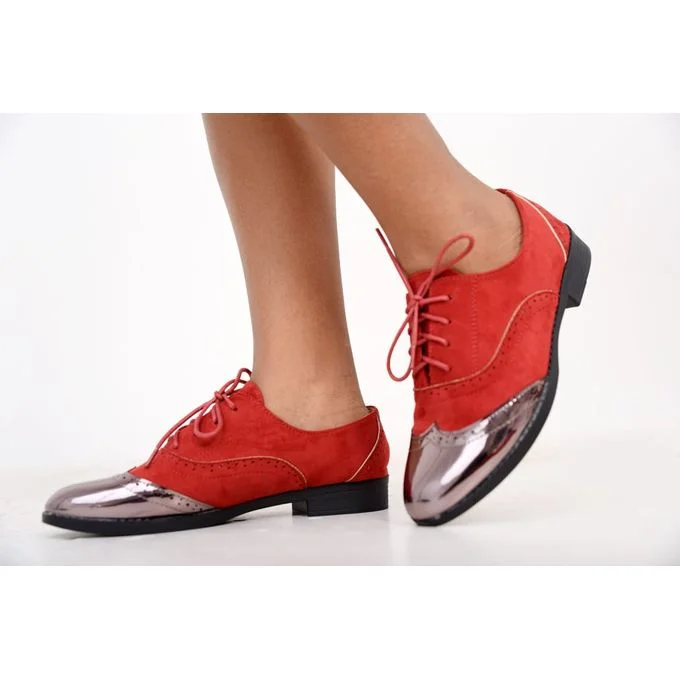 Fashion Brogues Ladies Laced Shoes Red/Silver/Black