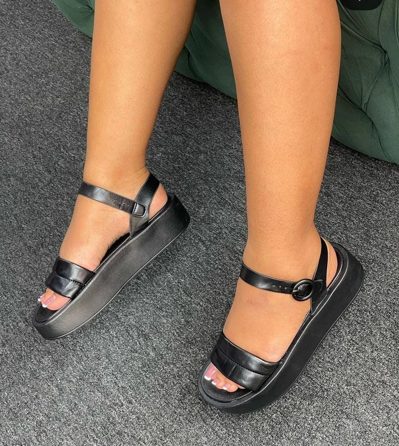 Fashion Women Sandals Buckle Open Toe Flat Black