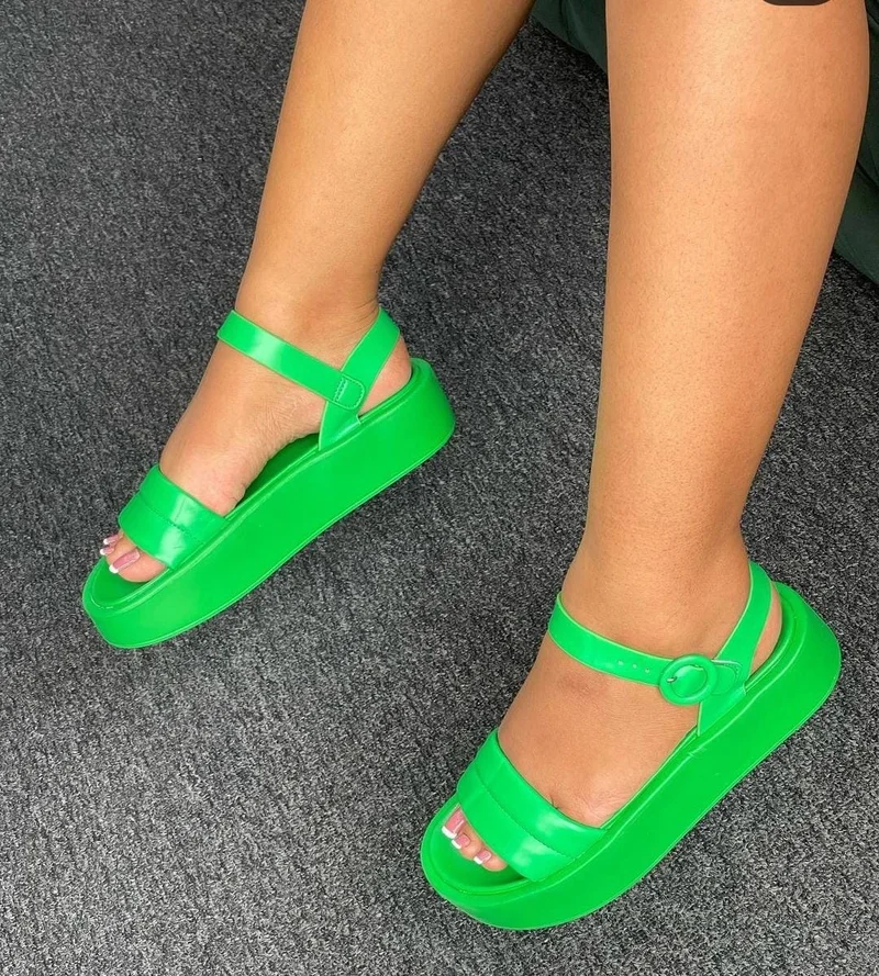 Fashion Women Sandals Buckle Open Toe Flat Green