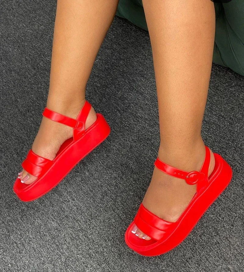 Fashion Women Sandals Buckle Open Toe Flat Red
