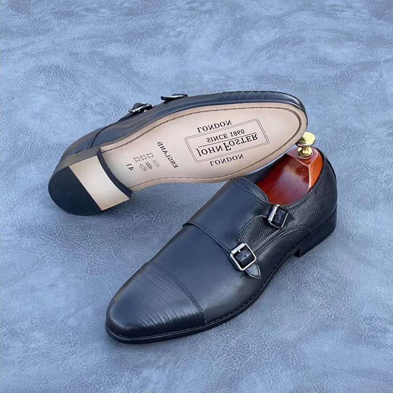 Men Double Monk Oxford leather Dark Black mens' Shoes..