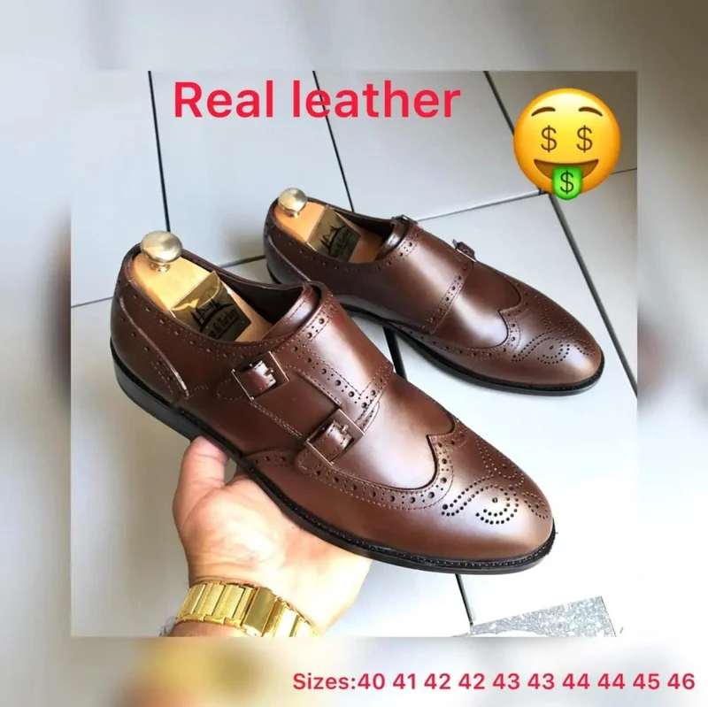 Men Double Monk Oxford leather Dark Brown mens' Shoes
