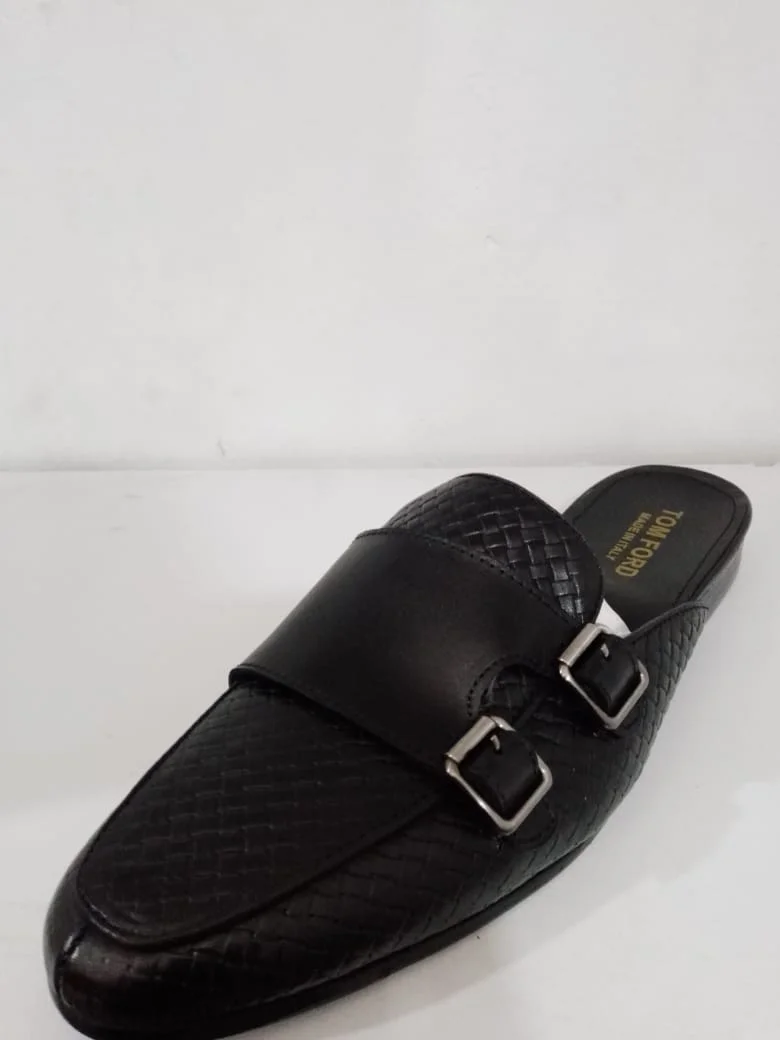 Men's Tom Ford Black Double Buckle Official Backless Mules Loafers