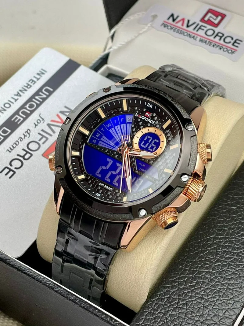 Naviforce Luxury Dual Display Luminous Stainless Steel Watch Men Black blue