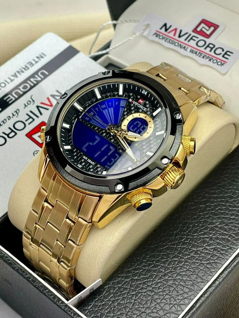 Naviforce Luxury Dual Display Luminous Stainless SteelWatch For Men Golden Blue
