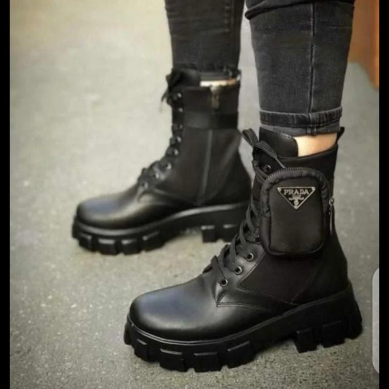 Prada Monolith Mini Bag Lug Sole Combat Boot All Black Women Shoes