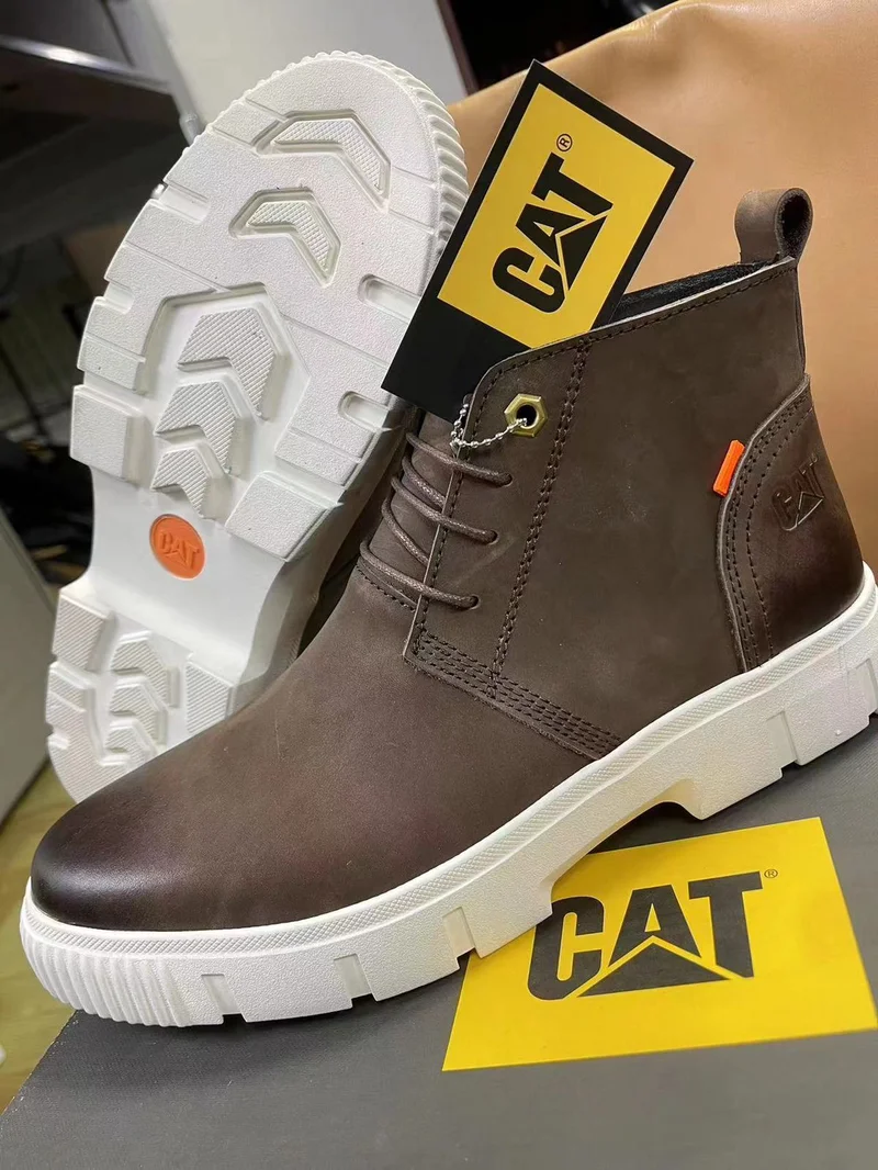 Premium Leather Coffee Caterpillar  Boots Rubber Grips Sole Men's Shoes