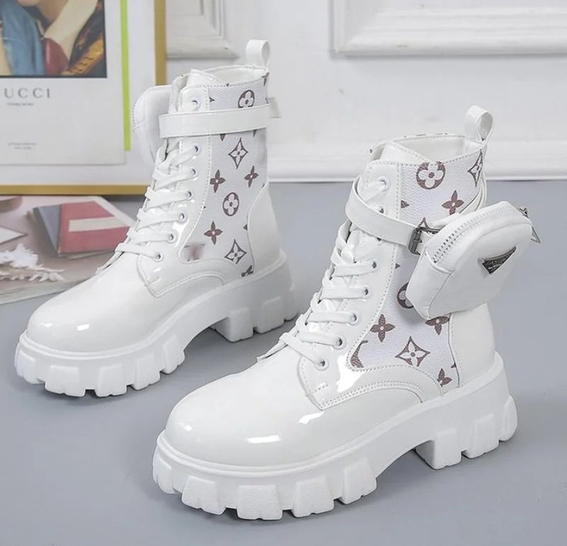 Punk Ankle Platform Floral Motorcycle Martin Boots Women Chunky Heel Belt Pocket