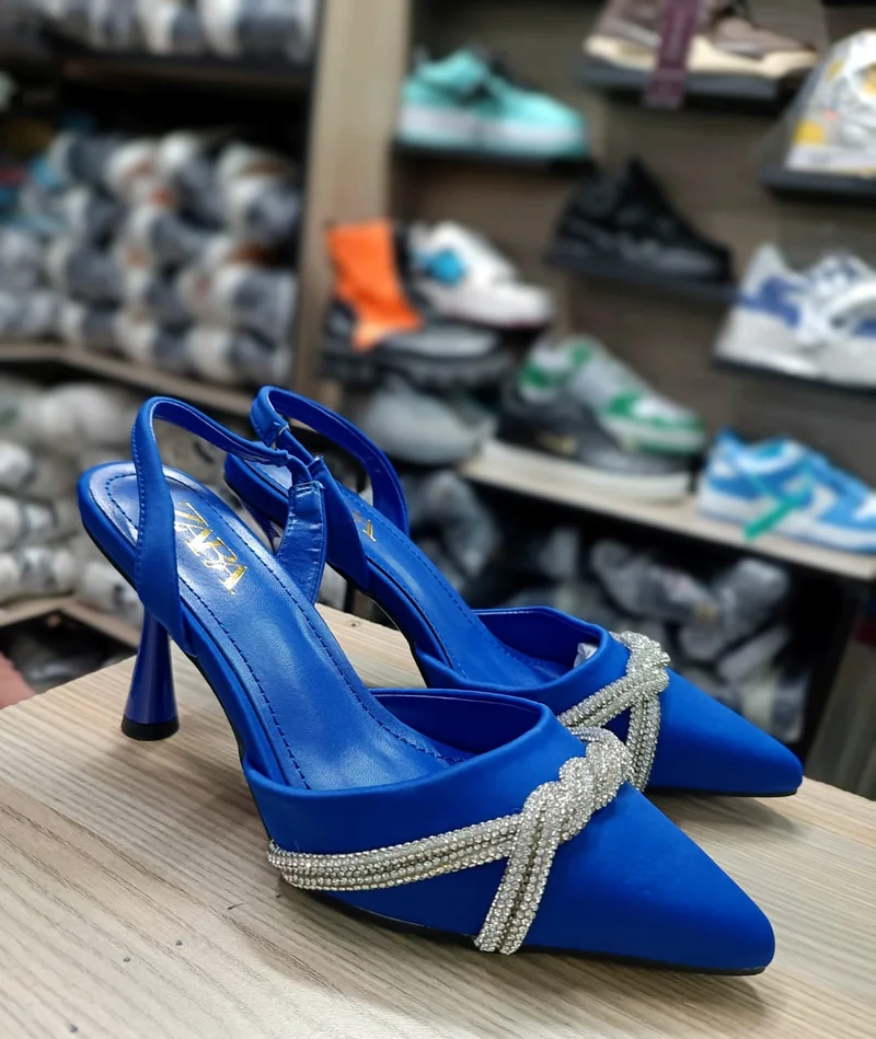 Quality Ladies Shoes Women's High Blue Heels Closed Pointed Toe