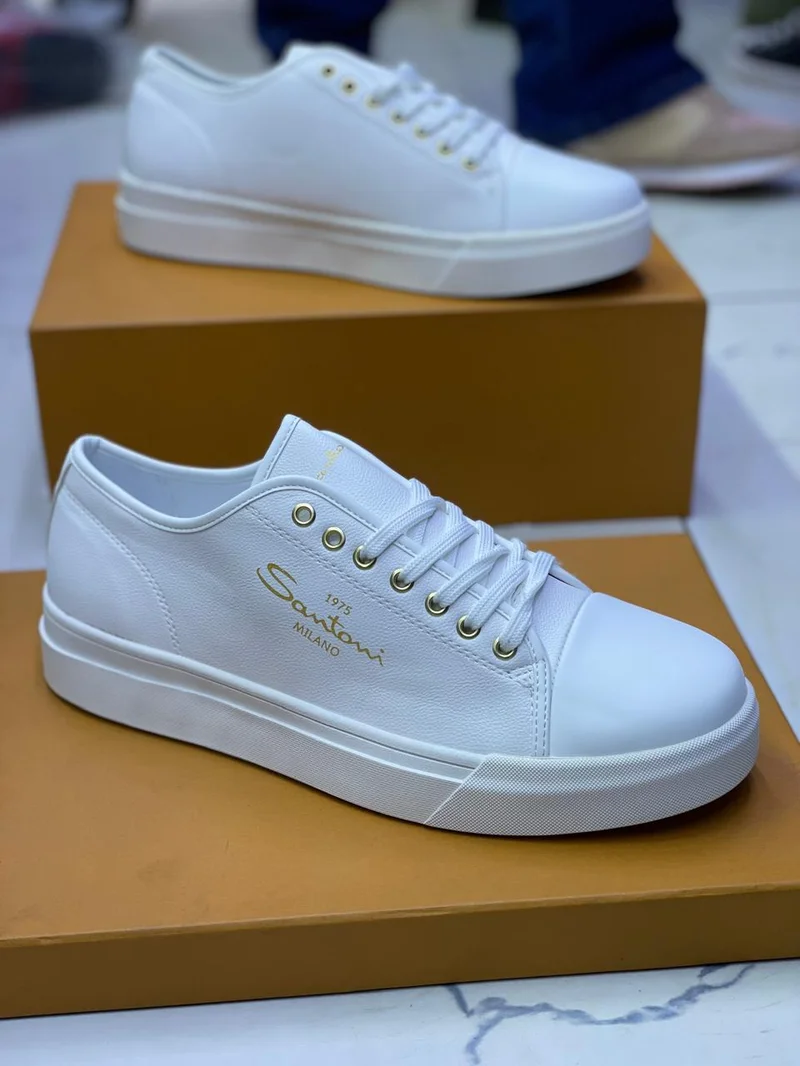 SANTONI MILANO WHITE  LEATHER SNEAKERS.