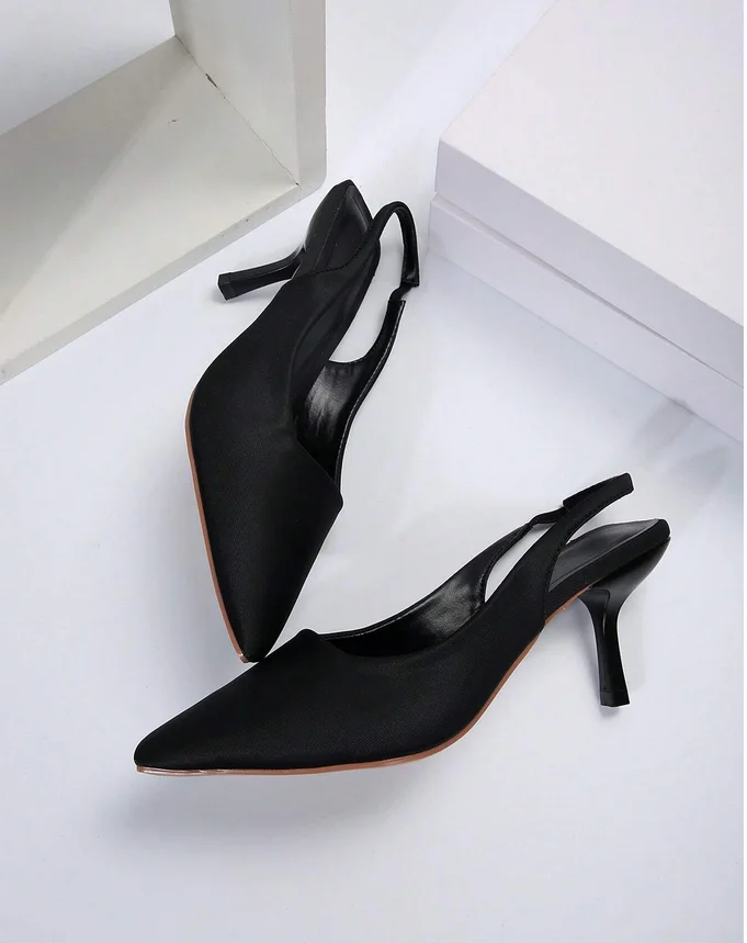 Sling Back High Heels  Closed Pointed Toe Black Quality Ladies Shoes