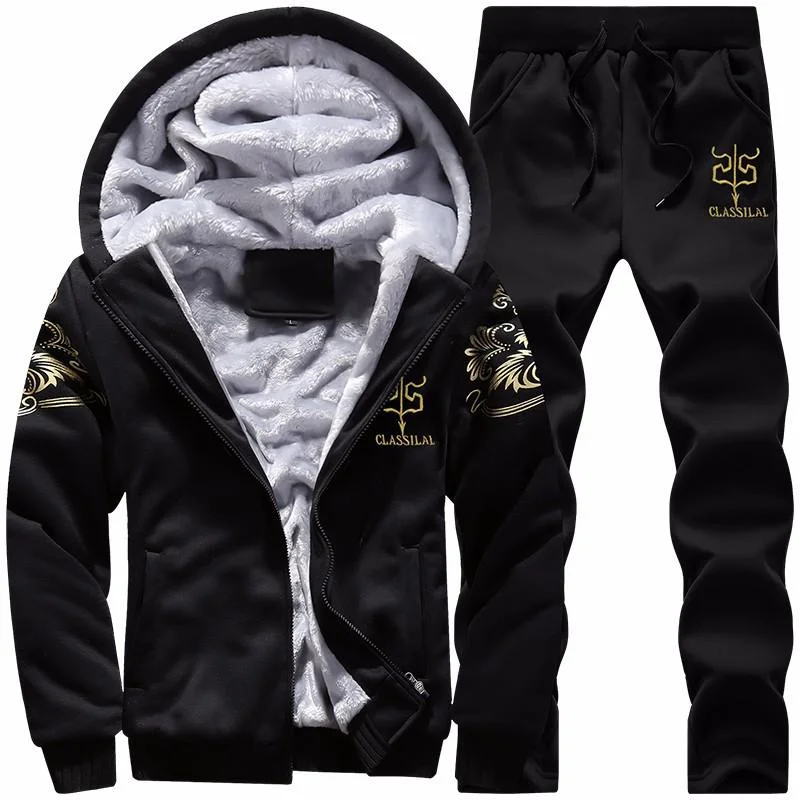 Unisex Heavy and Warm  Set Tracksuit Hooded Jacket and pants Black