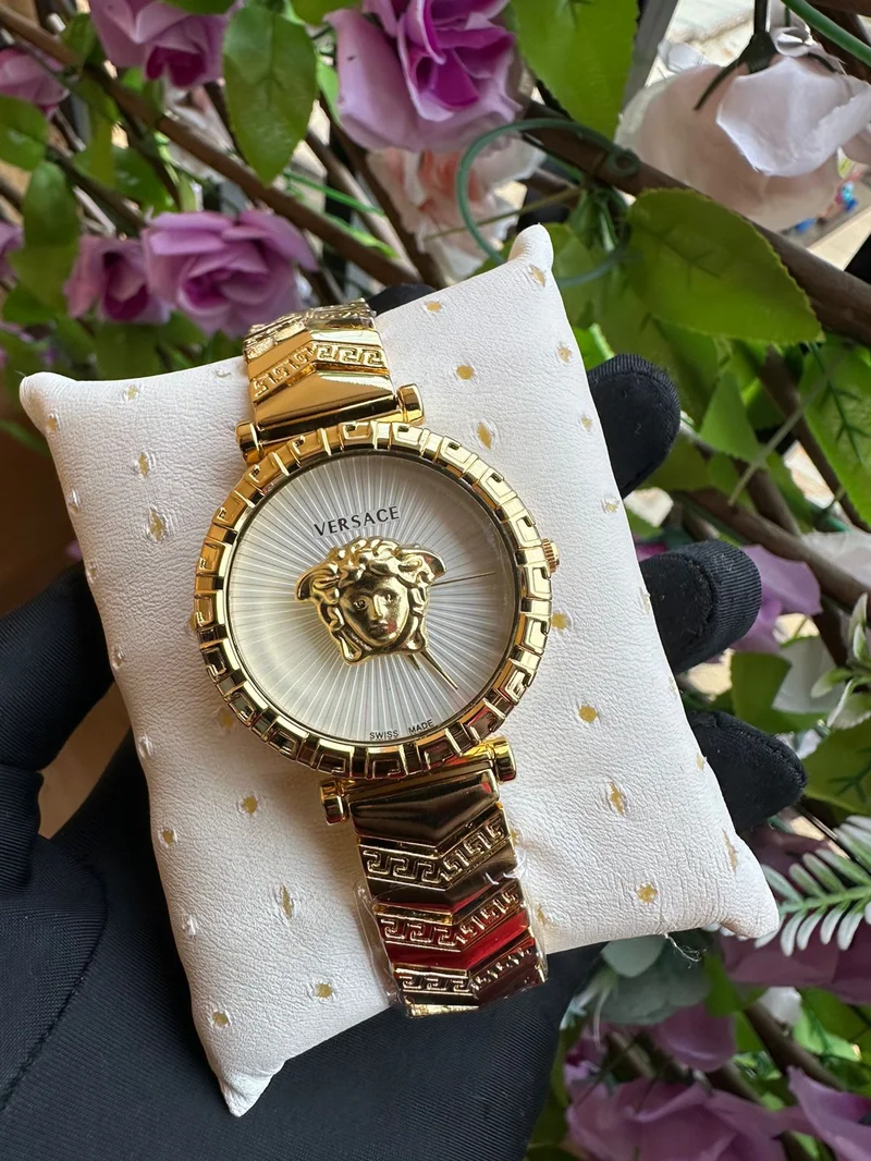 Versace Medusa Ladies Watch/White Face/Gold-toned Medusa head/Gold-toned hands