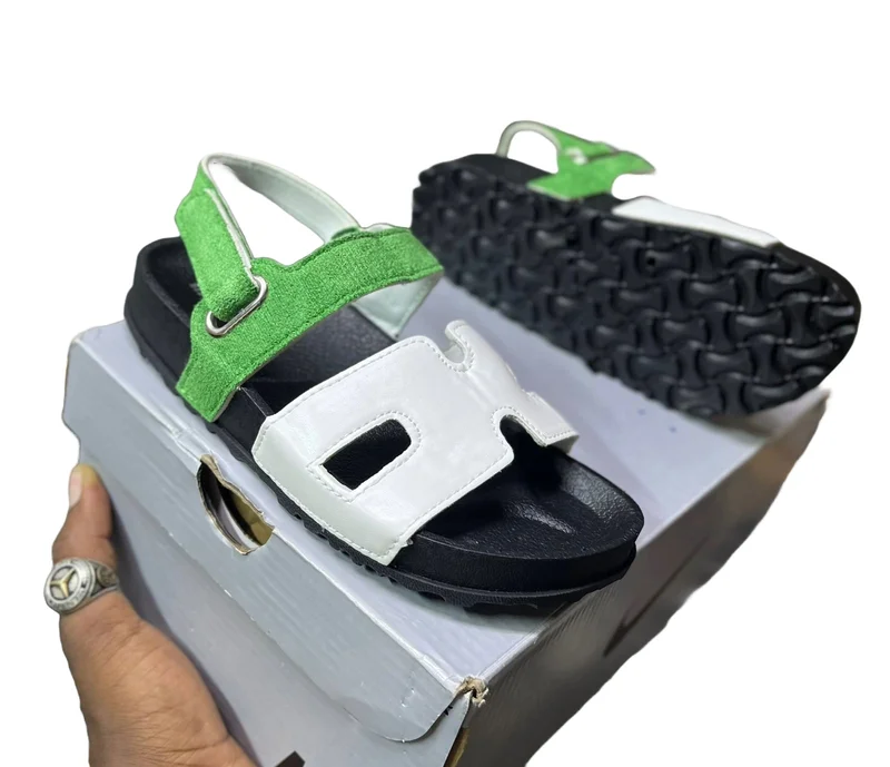 WHITE -GREEN STRAP KIDS HERMES SANDALS