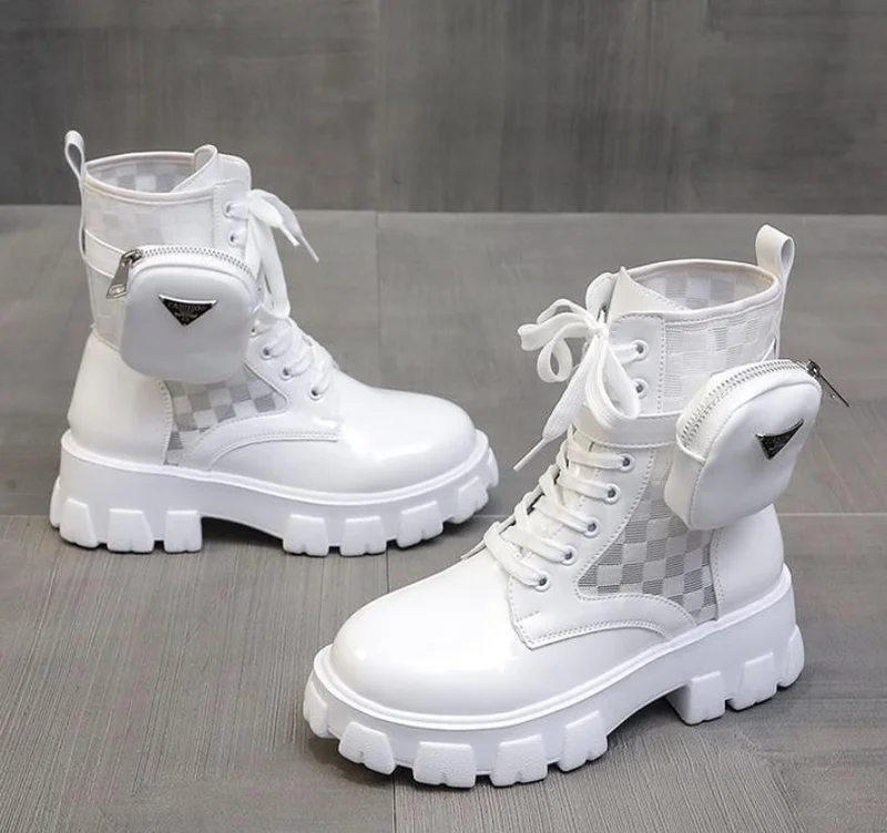 White Punk Ankle Motorcycle Martin Boots Women Lace Up Chunky Heel Belt Pocket