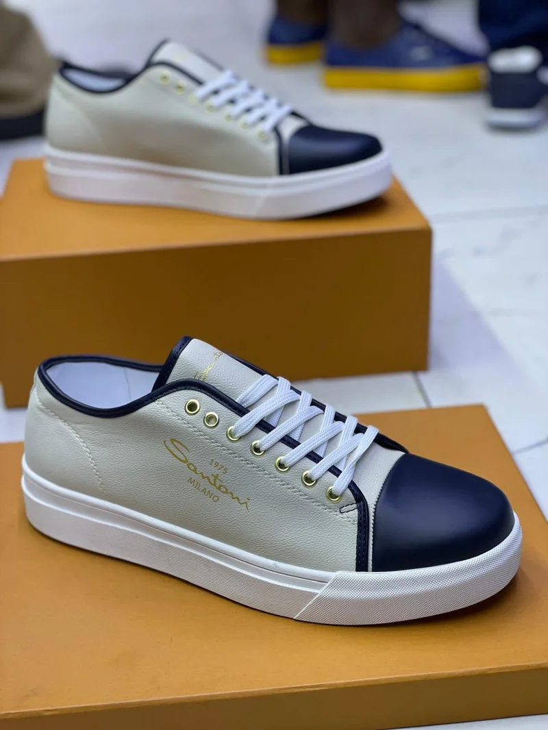 WHITE-BLUE SANTONI MILANO  LEATHER SNEAKERS.