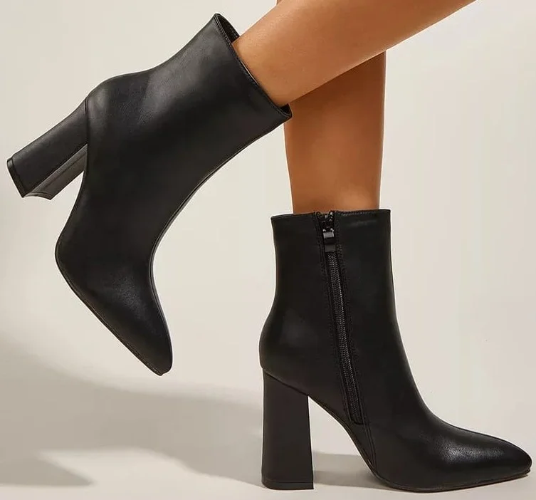 Women Ankle High Heels Chunky Heels Platform Leather Short Boots Black