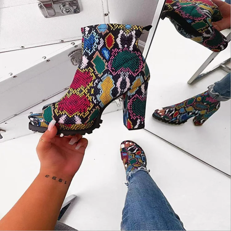Women Chunky Ankle High Heels  Platform Leather Short Boots
