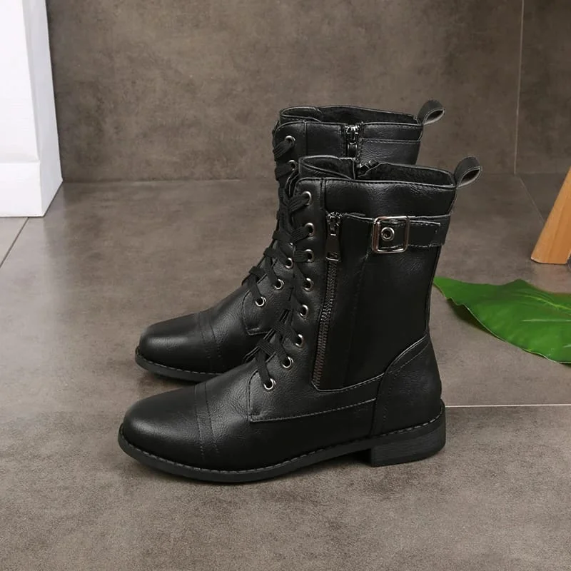 Women Mid-Calf Boots Lace Up Winter Boot Ladies Side Zipper Outdoor Casual Flat