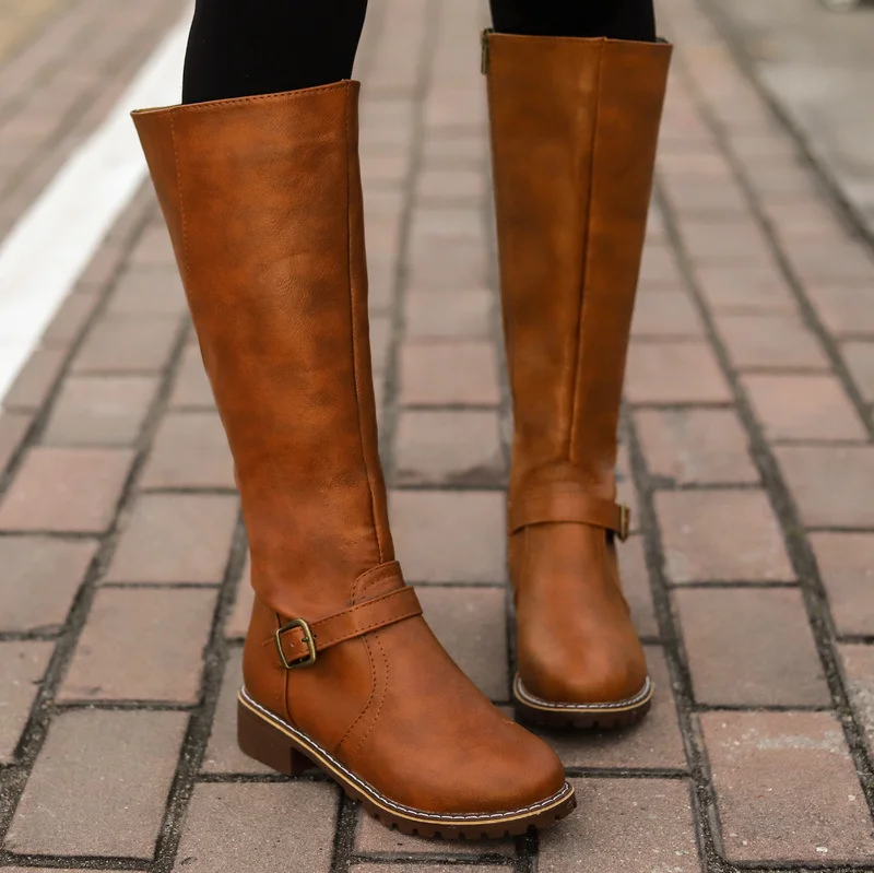 Women's Block Heels Flats Winter Zip Buckle Shoes Casual Knee High Ridin