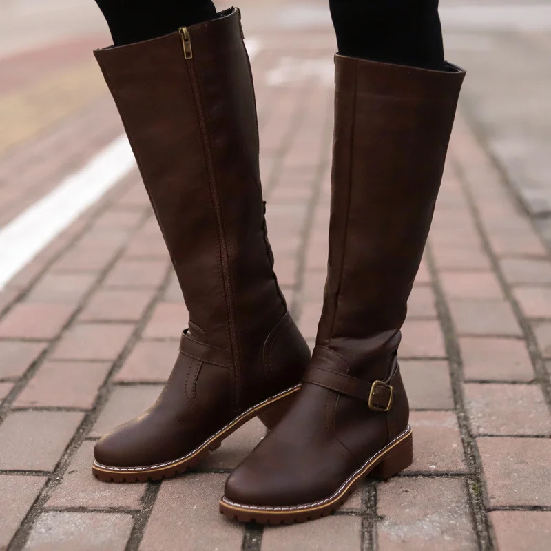 Women's Block Heels Flats Winter Zip Buckle Shoes Casual Knee High Riding Boots