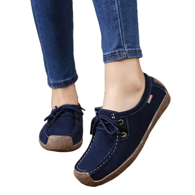 Women's Suede Upper Lace Up Casual Moccasins Platform Soft Walk Shoes - Navy Blu