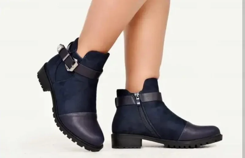 Womens Winter Ankle Boots Buckle Block Non Slip Skiing Snow Booties Shoes Blue