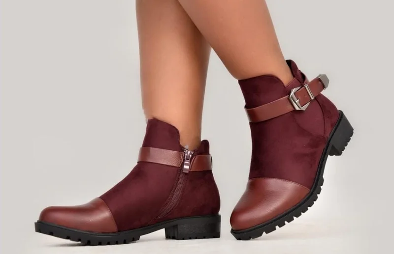 Womens Winter Ankle Boots Buckle Block Non Slip Skiing Snow Booties Shoes Maroon