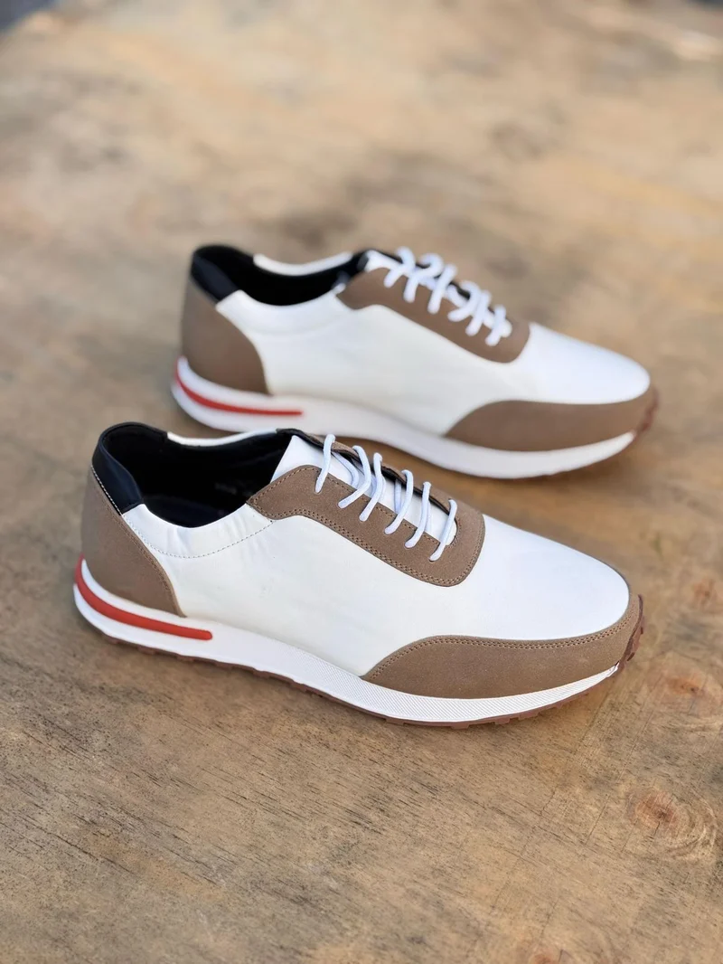 WHITE-BROWN CASUAL HUGO BOSS LEATHER LOW-TOP SNEAKERS