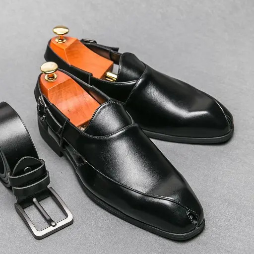 Premium Men's Black Polished Leather Slingback Loafers - Formal & Casual