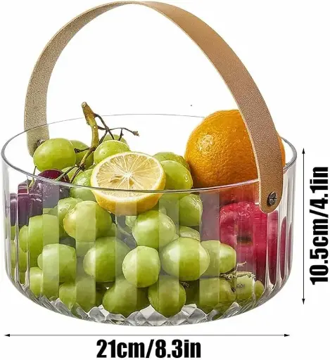 Fruit Basket with Handle-Portable Clear Acrylic Serving Bowl | Multipurpose Organizer for Fruits, Snacks & Toys - 21cm/8.3in
