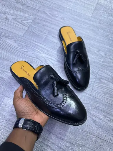 Billionaire's Black Leather Tassel Mules
