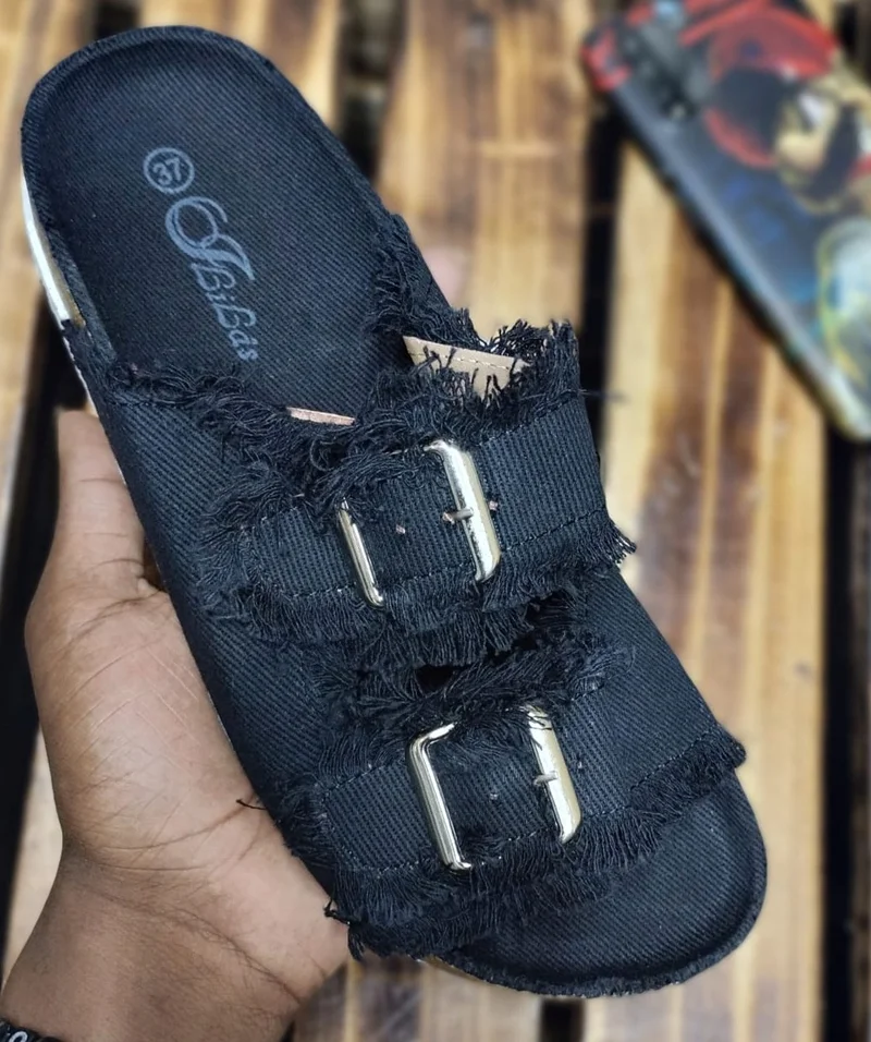 Anti Skid Double Buckle Rubber Flat Sandals Women Black