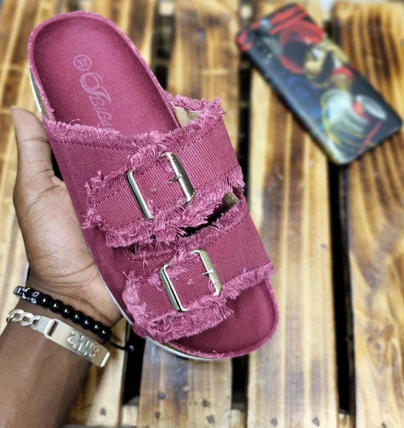 Anti Skid Double Buckle Rubber Flat Sandals Women Maroon