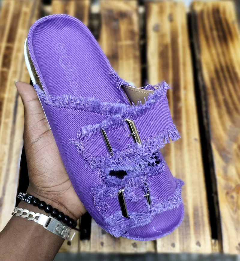 Anti Skid Double Buckle Rubber Flat Sandals Women Purple