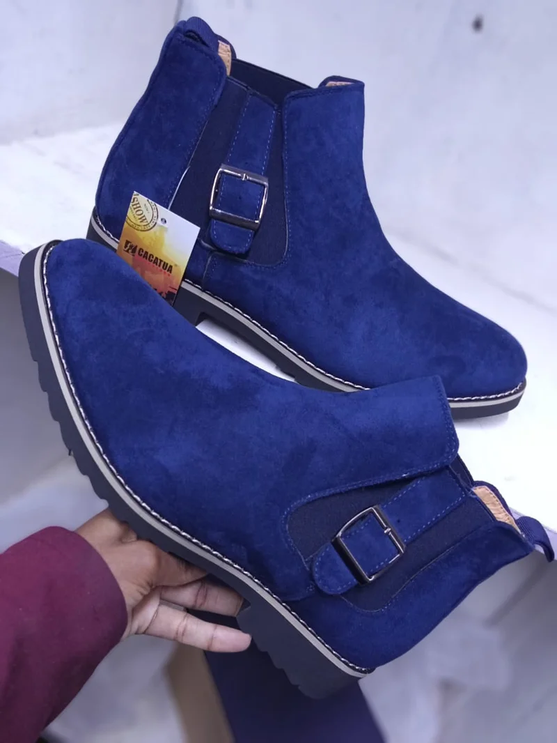 Authentic Chelsea Boots Blue Suede Leather Boots Mens Cacatua Slipon Boots