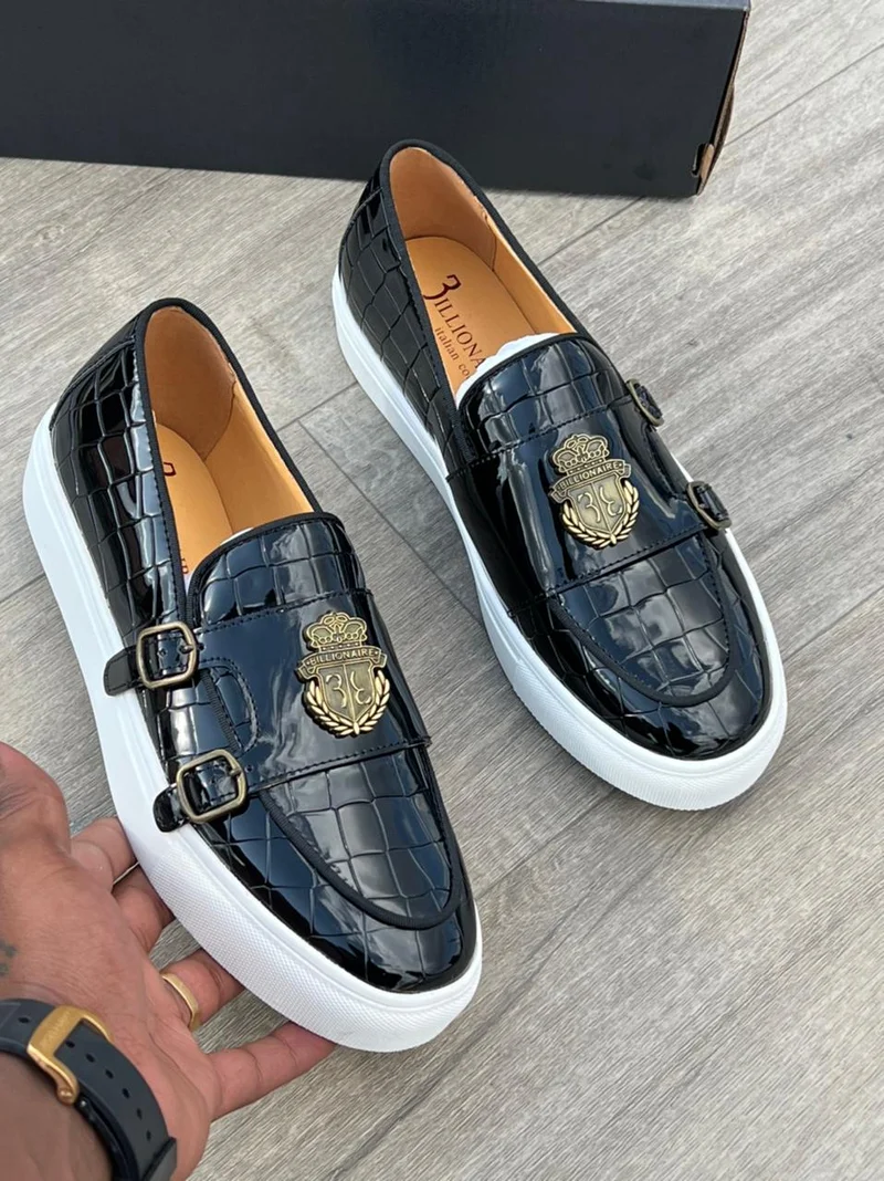 Billionaire Double Buckle Wet Look  Black Leather Official Shoes