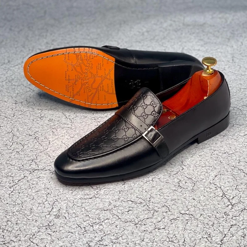 Black Buckle shoes GG Logo Pattern Men's Black Leather Loafers Fashion Shoes