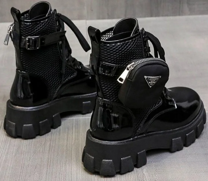 Black Punk Ankle Platform Martin Boots Women Chunky Heel Belt Buckle Pocket